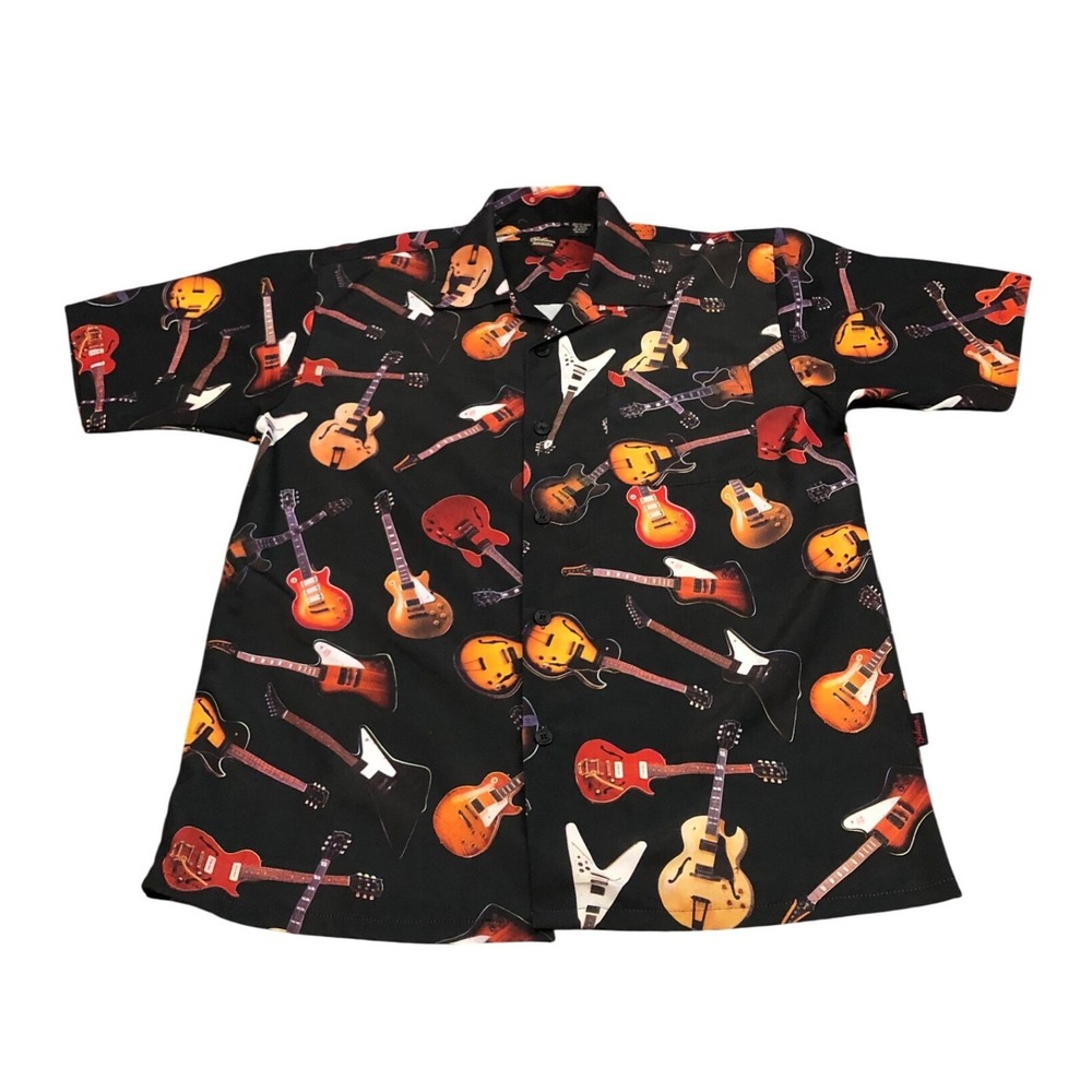 Gibson Tour Wear by Dragonfly Button Up Shirt Mens Medium Black Guitar Print